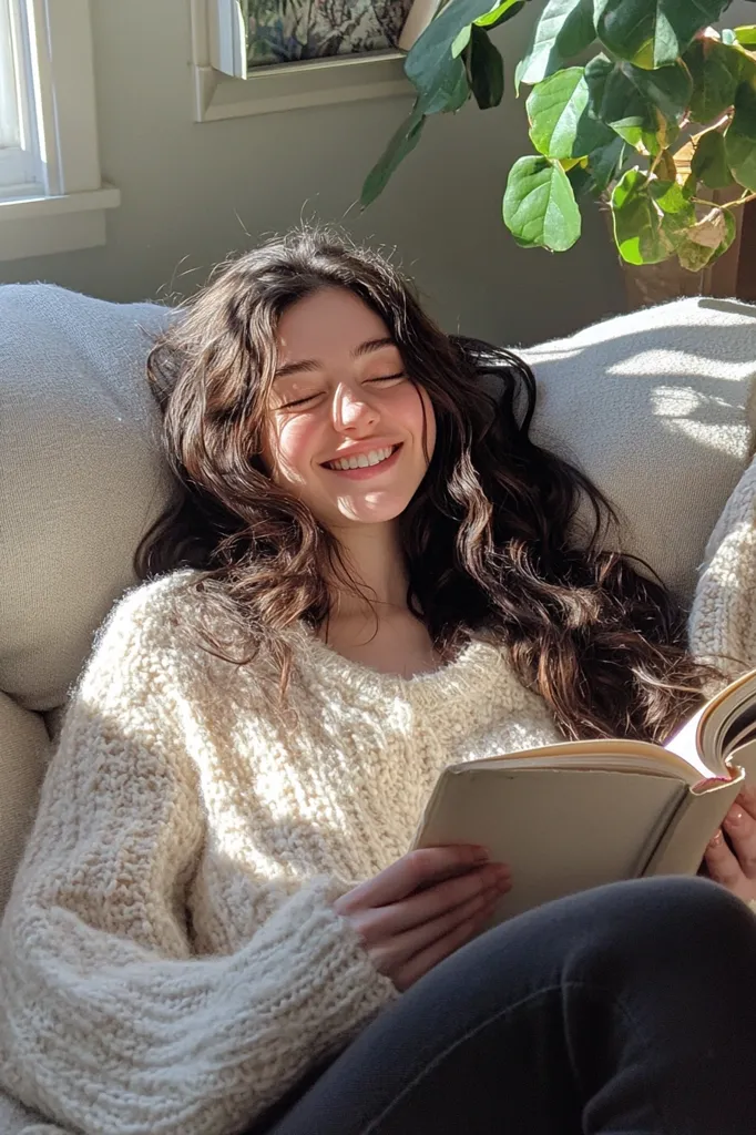 A young woman with long brown hair sits in a cozy armchair, wearing a cream-colored knitted sweater and black pants. She smiles brightly as she reads a book, her eyes closed in contentment. Natural light streams through a nearby window, illuminating the scene. The image evokes a sense of warmth, relaxation, and the simple joy of reading.