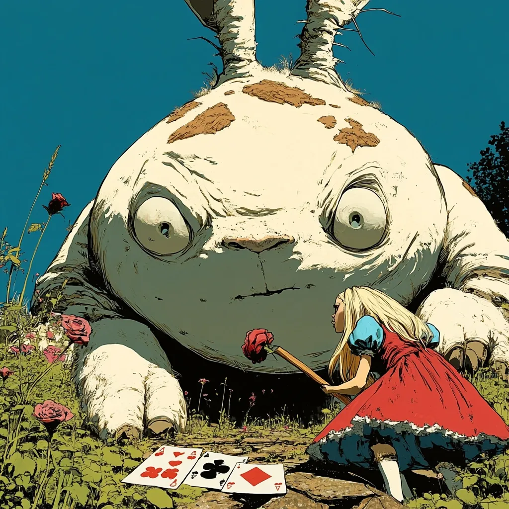 A monstrous, white rabbit-like creature with large eyes and a wide mouth looms over a girl in a red and blue dress. The girl holds a stick with a red rose attached, and a scattering of playing cards lies on the ground beside her. The scene is set in a whimsical garden with a blue sky and green foliage. The image evokes a sense of wonder and intrigue.