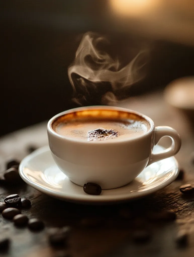 A steaming cup of coffee sits on a white saucer surrounded by scattered coffee beans. The coffee is dark and rich, with a frothy top. The steam swirls around the cup, creating a warm and inviting atmosphere. The background is blurred, with a soft, warm light that suggests a cozy and comfortable setting.