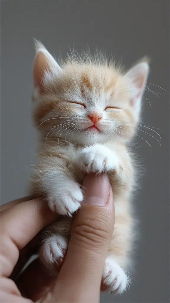 A small, fluffy, white and orange kitten is being held by a hand. The kitten's eyes are closed and it appears to be sleeping. The kitten's paws are visible, and it has a small, pink nose.  The kitten's fur is soft and fluffy, and its whiskers are visible.  The photo is taken against a light gray background. The image evokes feelings of cuteness and tenderness.