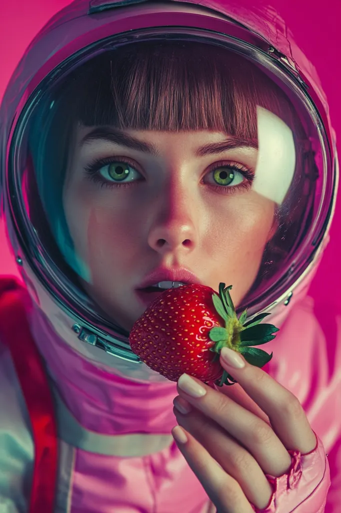 A young woman with dark hair and green eyes, wearing a pink astronaut suit, is holding a ripe strawberry to her lips. Her face is framed by the transparent visor of her helmet. The image is shot against a pink background, creating a vibrant and surreal aesthetic.  The contrast between the soft, natural strawberry and the hard, futuristic helmet suggests a playful juxtaposition of nature and technology.