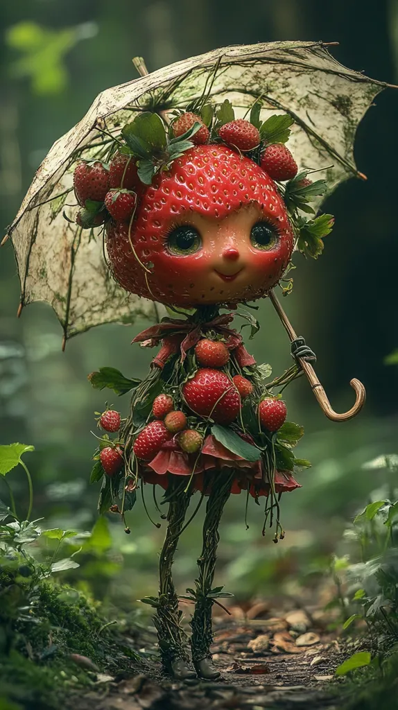 A whimsical creature, crafted from strawberries and vines, stands in a lush forest.  She wears a dress of leaves and a hat of strawberries, holding a delicate umbrella.  Her large, expressive eyes gaze out from beneath a crown of red fruit.  The creature's intricate design and natural setting create a fantastical scene.