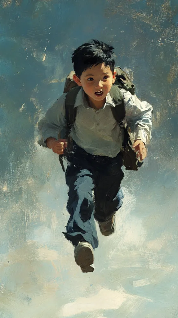 A young boy with a backpack runs towards the viewer against a light blue, slightly textured background. He is wearing a white shirt, dark blue jeans, and brown shoes. The image is painted in a realistic style, and the boy's expression is focused and determined. The composition is dynamic, with the boy's body tilted forward in motion. The overall feeling is one of energy and excitement.