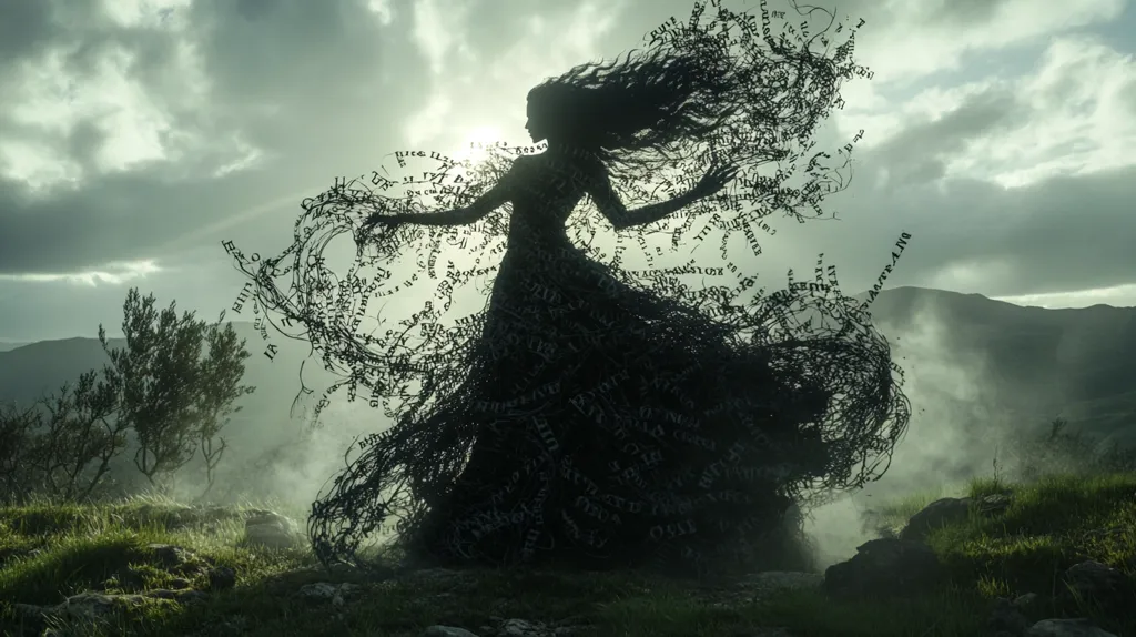 The image shows a silhouette of a woman with long flowing hair and a dress made of swirling, intertwined words. She stands on a grassy hill with a misty background, a sense of mystery and magic emanating from her form. The words, barely visible in the darkness, suggest a story waiting to be told. The composition creates a dramatic and evocative atmosphere.