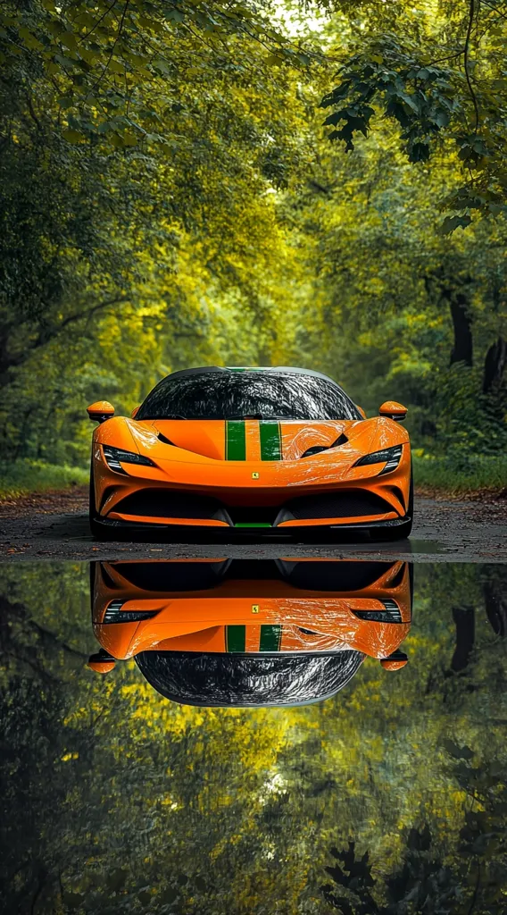 A bright orange sports car with green racing stripes is parked on a road in a lush green forest. The car is reflected in a puddle of water, creating a mirror image. The background is a blur of green and yellow leaves. The image evokes a sense of speed and power, contrasted with the tranquil forest setting.  The car's sharp angles and sleek design stand out against the soft curves of the trees.