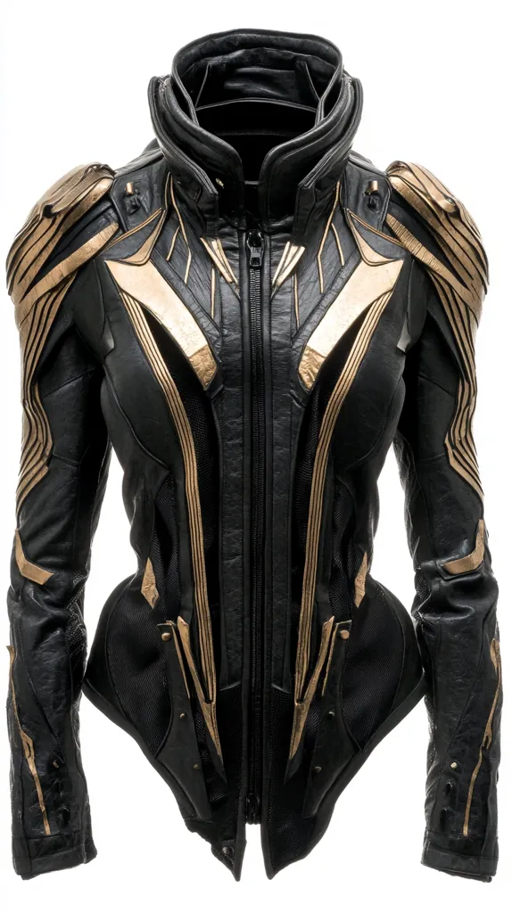 The image shows a black leather jacket with gold accents. The jacket has a high collar, long sleeves, and a zipper closure. It features intricate gold detailing on the shoulders, chest, and sleeves. The jacket has a fitted silhouette and a slightly asymmetrical hem.  The image is taken against a white background, highlighting the details of the jacket. The jacket is designed in a futuristic style and is reminiscent of a superhero's costume.