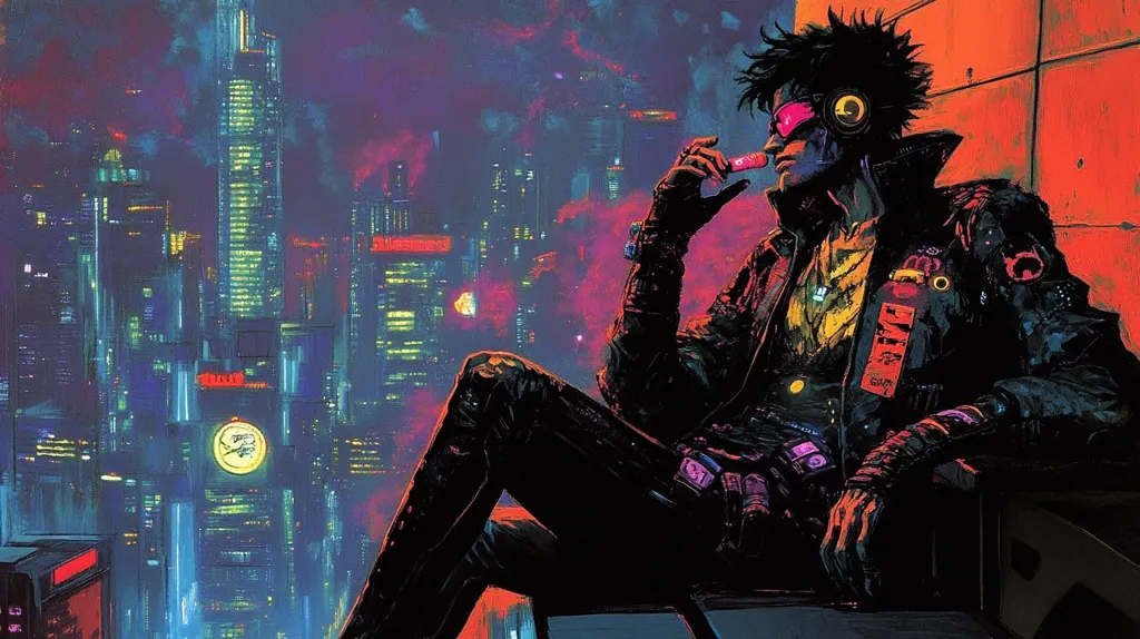 The image depicts a cyberpunk-style scene with a lone figure sitting on a ledge, overlooking a sprawling cityscape. The figure, dressed in a black leather jacket and sunglasses, is leaning back with a relaxed, confident posture. The cityscape is awash in vibrant neon lights and a hazy atmosphere, creating a sense of futuristic dystopia. The colors are saturated and contrasting, highlighting the gritty and futuristic aesthetic. The image evokes a feeling of isolation and contemplation within a bustling, technologically advanced world.