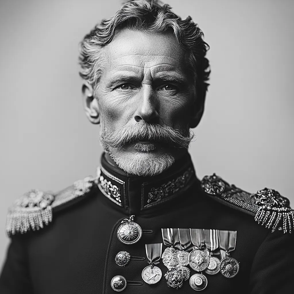 A black and white portrait of a man with a distinguished look. He has a thick mustache and beard, and he is wearing a military uniform adorned with medals and decorations. His serious expression and the detail of his uniform suggest a high rank and a long, storied career. The image has a timeless and classic feel.
