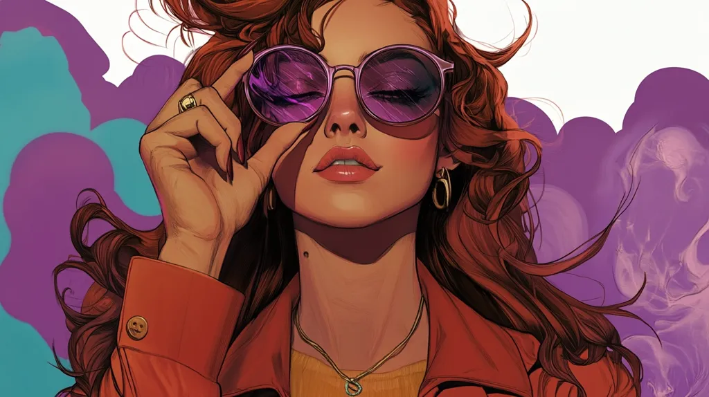 The image is of a woman with long, flowing red hair, wearing round, purple sunglasses, a red jacket, and a gold necklace. She is looking directly at the viewer, with a slightly mysterious expression. The background is a blur of purple and blue, suggesting a hazy or dreamy atmosphere. The overall tone of the image is one of confidence and allure.