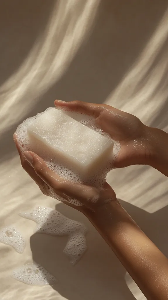 A pair of hands holds a bar of soap in a bath of foamy water. The soap is rectangular and white, surrounded by white bubbles. The image is shot from above, with the hands and soap in the center of the frame. The background is a light brown, with soft, diffused light.