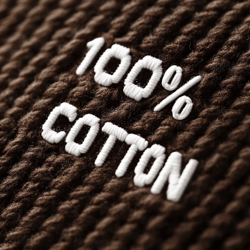 A close-up shot of a brown fabric with the words "100% COTTON" embroidered in white thread. The fabric has a textured, woven pattern. The embroidery is neatly done and adds a touch of detail to the material.