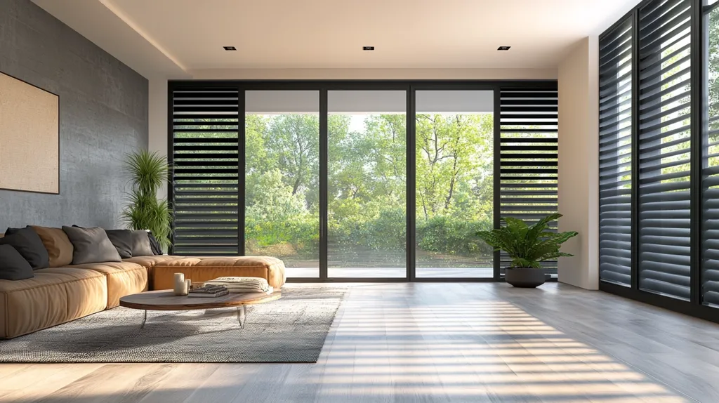 The image shows a modern living room with large windows and sliding glass doors. The room is decorated with a large sectional sofa, a coffee table, and two potted plants. The windows offer a view of a lush green garden. Natural light streams into the room, illuminating the space and casting long shadows on the floor. The overall design is minimalist and contemporary, with clean lines and a neutral color palette.  The room feels bright, airy, and inviting.