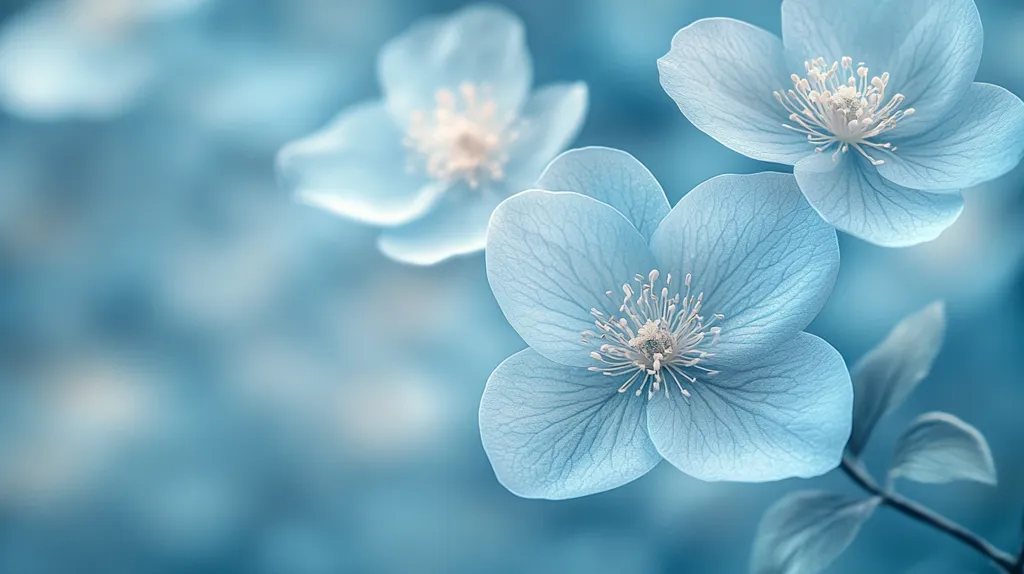 The image shows three delicate blue flowers with white centers, their petals seemingly translucent. The flowers are in focus, with the background softly blurred in a cool blue hue. They appear to be bathed in soft, natural light, creating a serene and ethereal atmosphere. The image evokes feelings of tranquility and beauty.