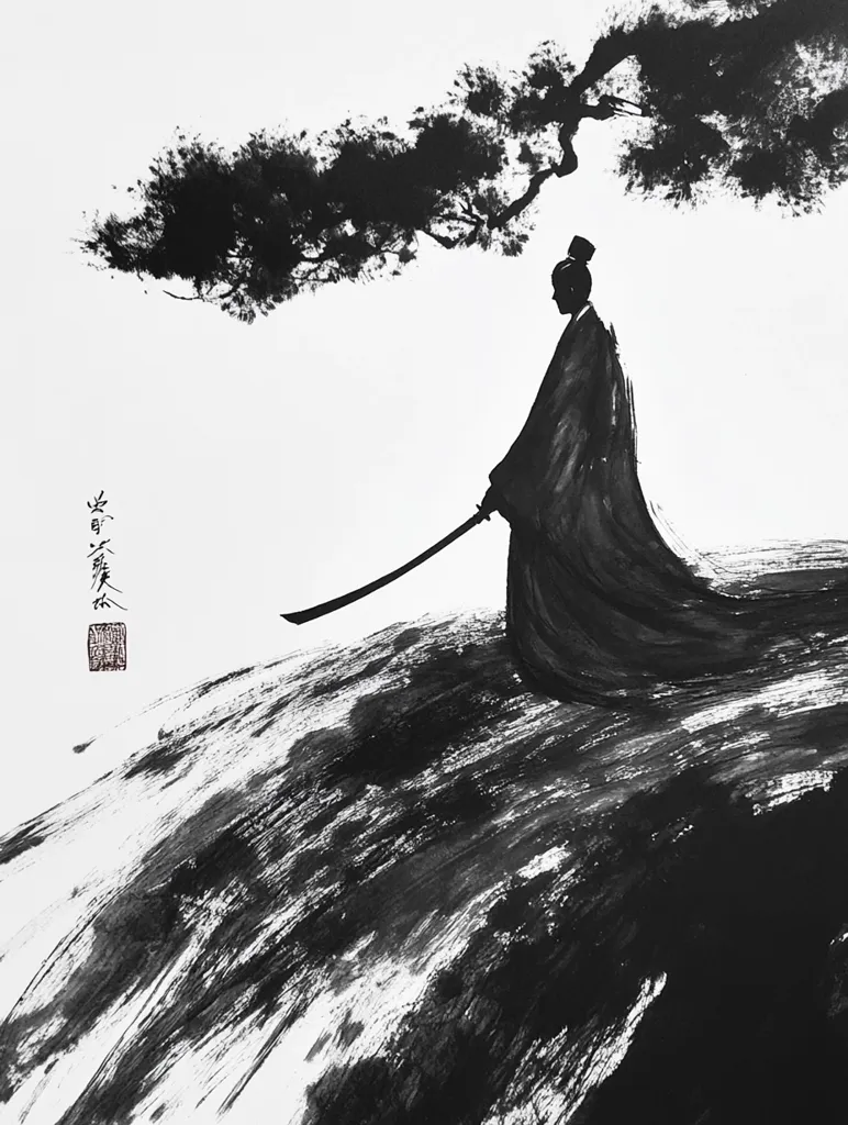 The image depicts a lone samurai, a figure of strength and solitude, standing beneath the expansive branches of a pine tree. The figure is rendered in stark black ink, a stark contrast to the white background, while the tree's branches are thick and suggestive of a long history. The minimalist composition emphasizes the figure's isolation, with the sword at their side hinting at their preparedness.  The brushstrokes are bold and expressive, capturing the essence of Japanese calligraphy and the samurai spirit.