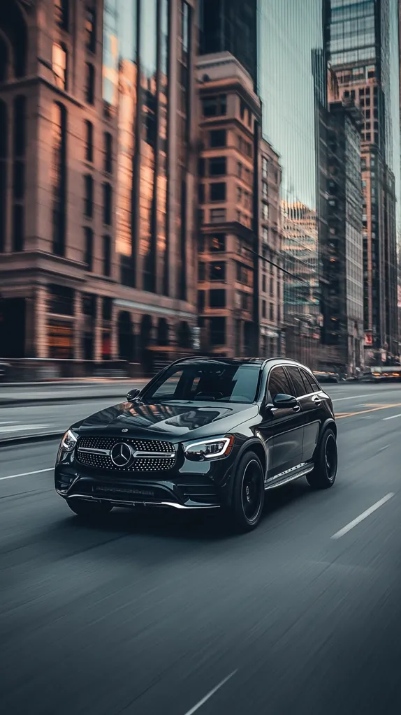 A black Mercedes-Benz SUV drives down a city street. The car is in focus, while the buildings and the road behind it are blurred, giving the impression of speed. The car is sleek and modern, with a large grille and sharp lines. The city is full of tall buildings, suggesting a bustling urban environment. The image is well-composed and captures the feeling of motion and energy.