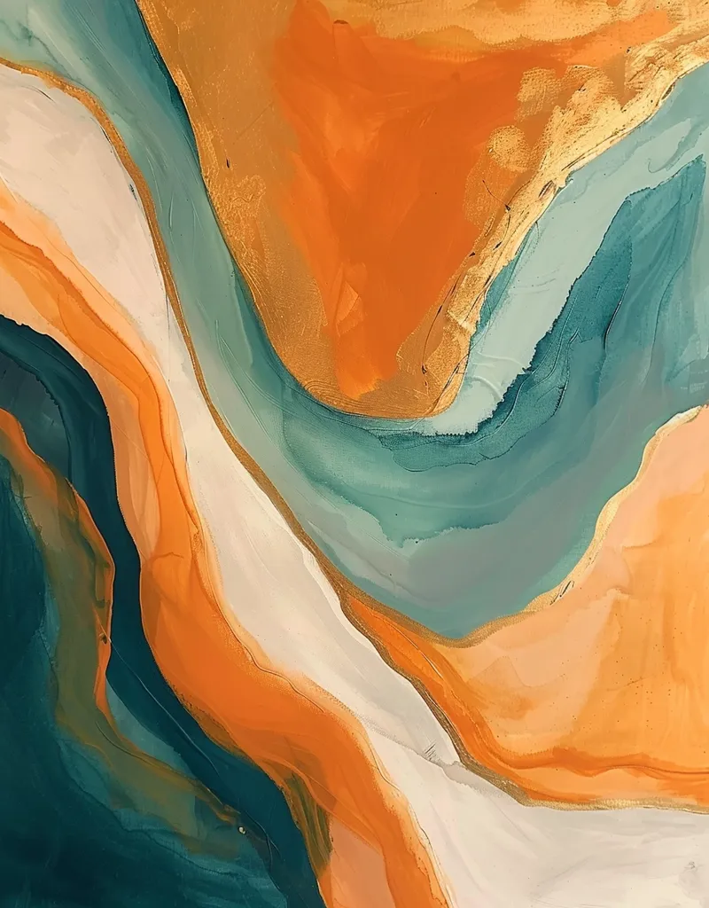 The abstract painting features a dynamic interplay of colors, with swirling, flowing lines of teal, orange, and white.  A thin line of gold accents the composition, adding a touch of luxury.  The overall effect is one of movement and fluidity, evoking a sense of nature and the flow of water.