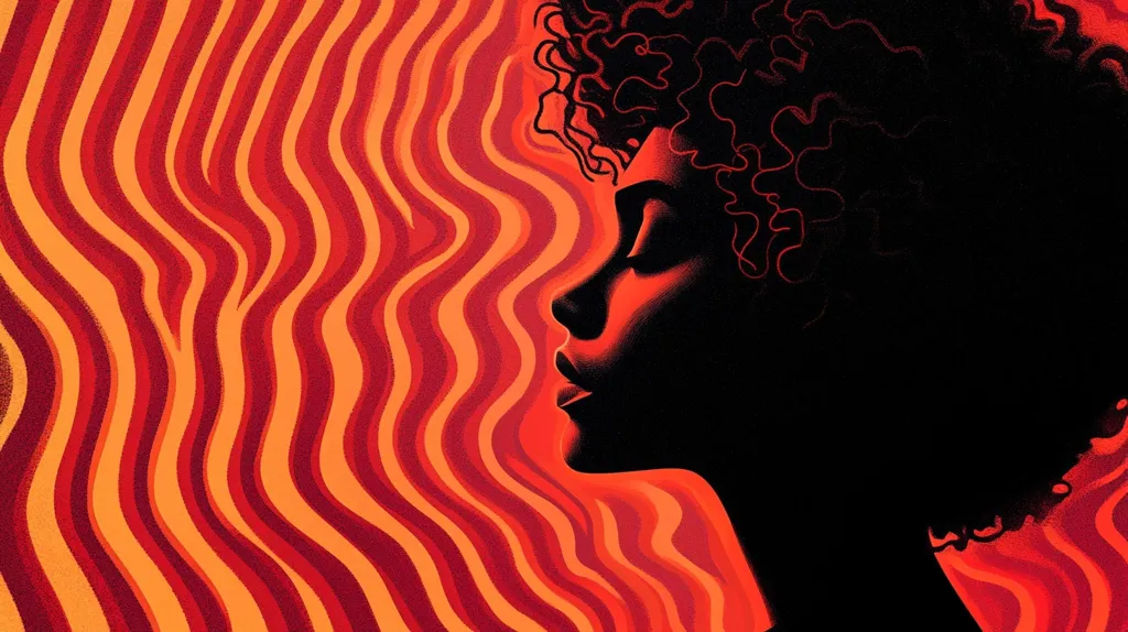 The image is a close-up of a black woman's profile. Her hair is curly and her eyes are closed. She is set against a background of wavy orange and red lines. The image has a retro feel, reminiscent of 1970s design. The colors are bold and vibrant, and the overall effect is one of warmth and sensuality.