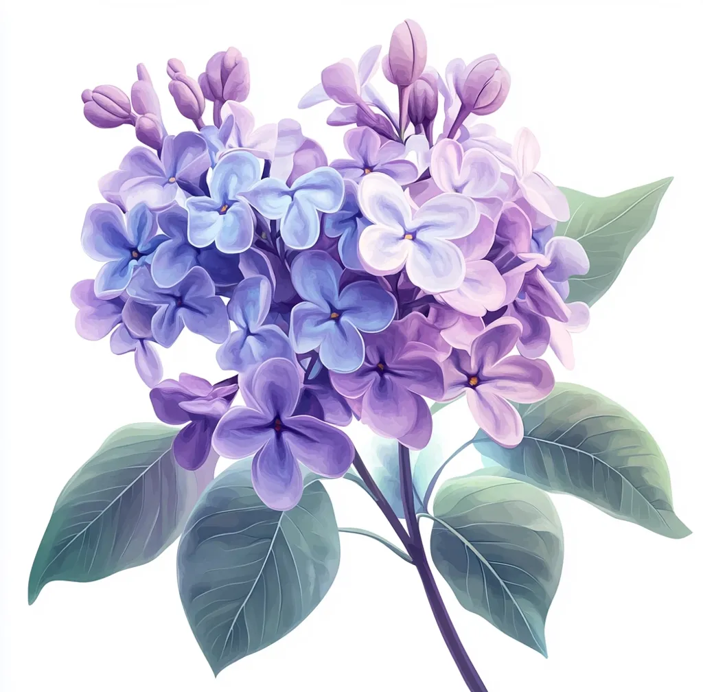 A cluster of light purple lilac flowers with green leaves and a few unopened buds. The flowers are arranged in a loose, informal bunch, creating a delicate and feminine appearance.  The light and airy composition evokes a sense of springtime and renewal.  The painting captures the beauty and fragility of nature, showcasing the intricate details of each bloom.