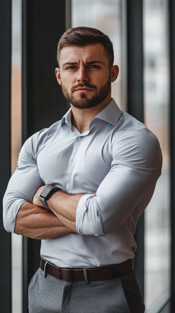 A man with short brown hair and a beard stands in front of a window, arms crossed and a serious expression on his face. He wears a white button-down shirt, brown belt, and gray pants. The background is blurred, with the focus on the man. The image conveys a sense of confidence and professionalism.
