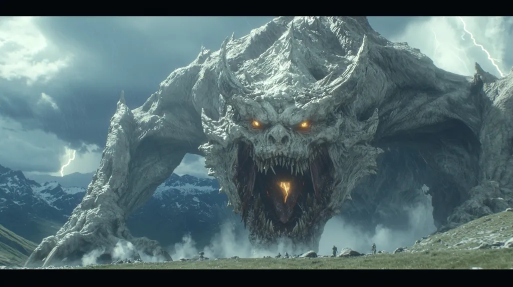 A massive, grey, rock-like creature with glowing red eyes stands menacingly in a mountainous landscape. Its mouth is agape, revealing sharp teeth and a fiery glow within.  Lightning strikes in the stormy sky behind the creature, adding to the sense of foreboding.  Tiny figures stand at its feet, dwarfed by its colossal size, emphasizing its immense power.