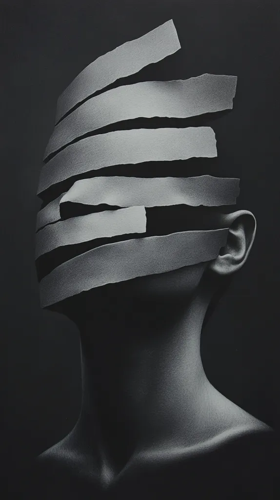 The image shows a person's face obscured by strips of paper.  The lighting is dramatic, creating strong shadows that emphasize the geometric shapes of the paper. The person's  body and ear are visible below the paper, creating a sense of mystery and intrigue.  The overall mood is dark and contemplative.