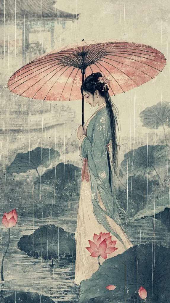 The image depicts a woman in traditional clothing standing under a pink umbrella in a tranquil garden. The rain falls softly, creating a serene atmosphere. She is surrounded by large lotus leaves and delicate pink blossoms, adding to the beauty of the scene. The image evokes a sense of peace and tranquility, perhaps inspired by Japanese or Chinese art.
