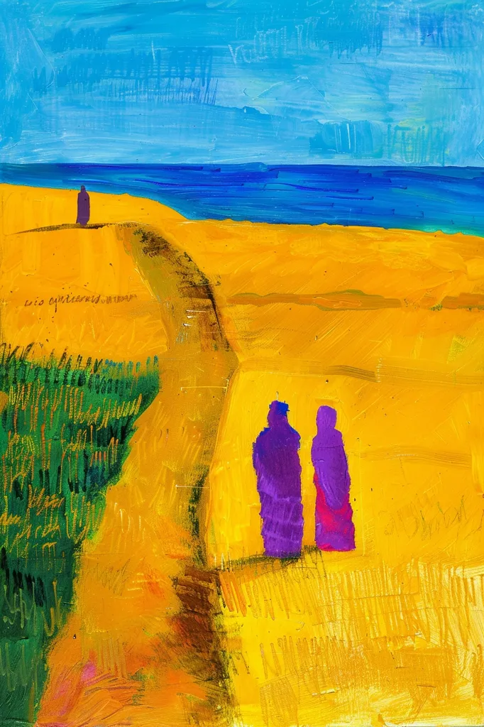 The painting depicts a beach scene with a bright blue sky, a blue ocean, and a large expanse of yellow sand.  A lone figure in purple walks towards the ocean. In the foreground, two more figures in purple stand on the yellow sand. The brushstrokes are bold and expressive, giving the painting a textured and dynamic feel. The colors are bright and vibrant, conveying a sense of warmth and vibrancy.