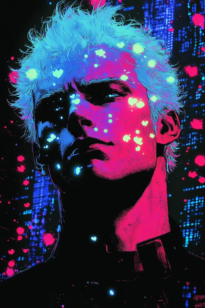 The image depicts a close-up portrait of a young man with spiky blonde hair. His face is illuminated in a neon pink and blue glow, creating a stark contrast against the dark background. The background features a blurred cityscape, suggesting an urban environment. The man's expression is serious and intense, his eyes piercing and his lips slightly parted. The overall effect is one of mystery and intrigue, hinting at a story unfolding in the shadows.  The artist's signature is visible in the lower right corner.