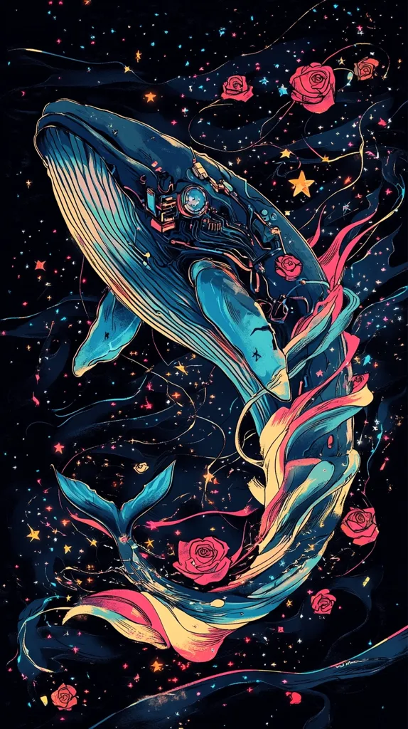 The image depicts a stylized, blue whale swimming through a cosmic space filled with swirling pink and yellow energy, stars, and red roses. The whale is rendered with a mechanical aesthetic, with gears and other intricate details on its body. The overall effect is a blend of futuristic and surreal, evoking a sense of wonder and mystery.