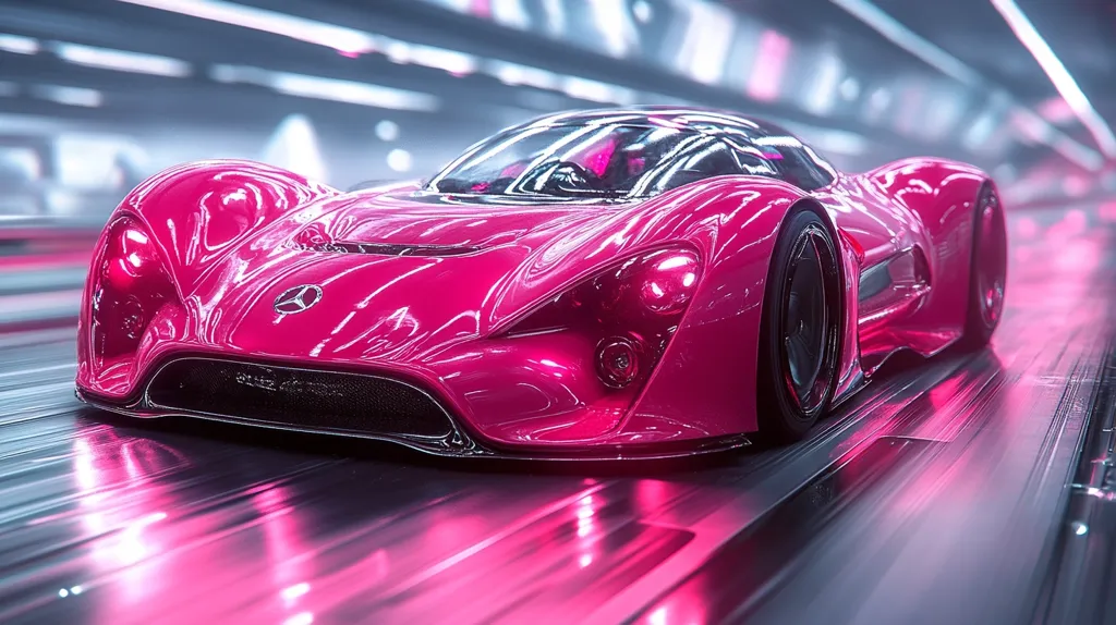 A vibrant, pink sports car with black wheels races through a futuristic, neon-lit tunnel. The car's sleek lines and curves suggest speed and power, while the bright pink paint and lighting create a dynamic and eye-catching image. The blurry background adds a sense of motion and urgency, capturing the essence of a high-speed chase.