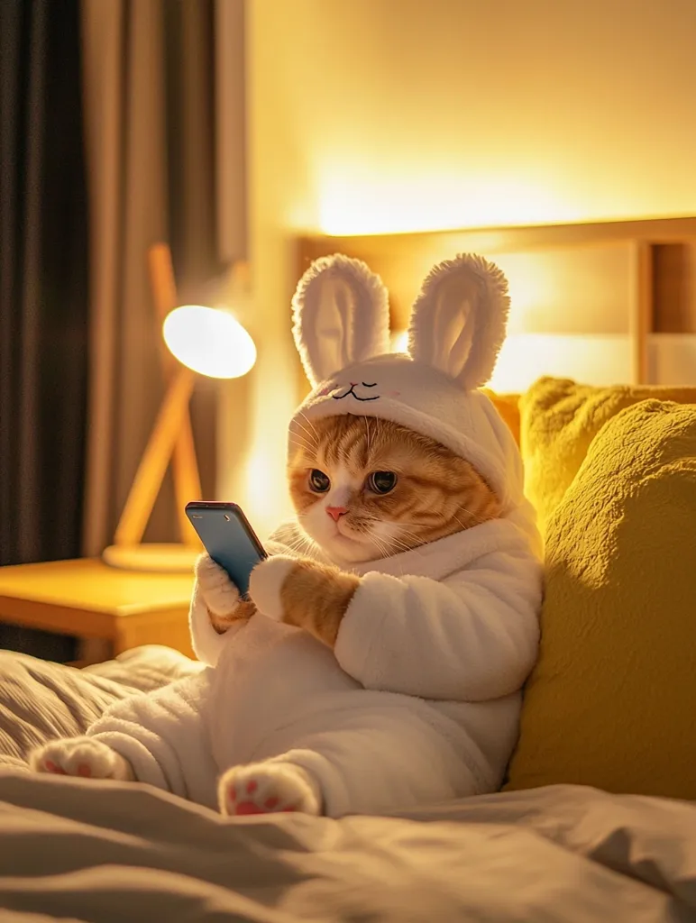 A cat wearing a white bunny onesie sits on a bed and uses a smartphone. The cat is looking at the phone with a serious expression. There is a yellow pillow beside the cat. The room is dimly lit with a warm, yellow light.