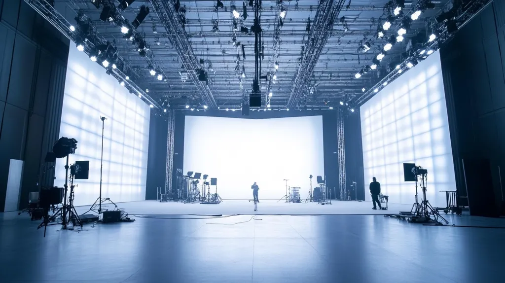 A large, empty film set with a white backdrop and various lighting and camera equipment. There are two people in the center of the set, looking out towards the camera. The entire set is brightly lit, with a professional and sterile look. The space is ready for filming.