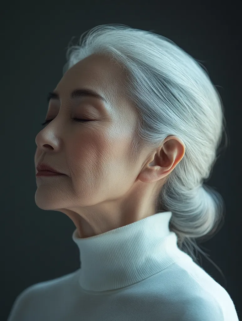 The image shows a close-up of an elderly woman's face. Her eyes are closed and she is looking down. Her hair is white and pulled back in a low bun. She is wearing a white turtleneck sweater. The background is a dark, blurry shade of blue. The image is lit from the left, highlighting the woman's face and creating a sense of calm and introspection.  The image exudes a sense of quiet beauty and grace.