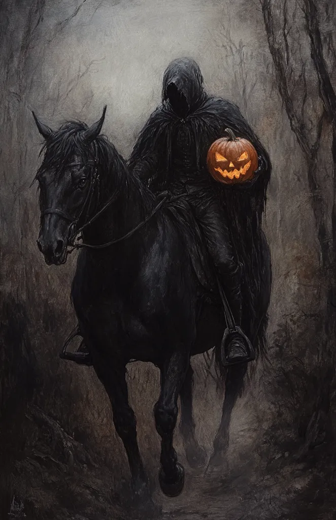 A figure in a dark cloak rides a black horse through a misty forest. The figure holds a glowing jack-o'-lantern, and their face is obscured by the hood. The scene has a dark and ominous atmosphere, suggesting a journey into the unknown.