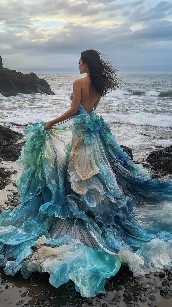 A woman with long dark hair wears a flowing gown of translucent fabric, the colors of the ocean, standing on a rocky beach. The dress resembles waves crashing on the shore, with shades of blue, green, and white creating a mesmerizing effect.  The woman gazes out at the distant horizon, lost in thought. The sky is cloudy, and the ocean is a hazy blue.  The overall image is one of tranquility and the beauty of nature.