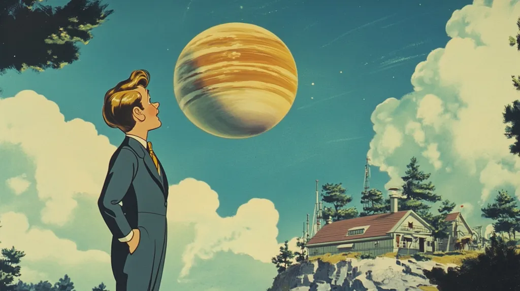 A young man in a blue suit stands on a hill, staring upwards with a look of wonder. A large, yellow, banded planet hangs above him in a blue sky dotted with white clouds. A small house with a red roof sits on the hill behind him, and trees dot the landscape. The scene is reminiscent of a vintage illustration, evoking a sense of wonder and exploration.
