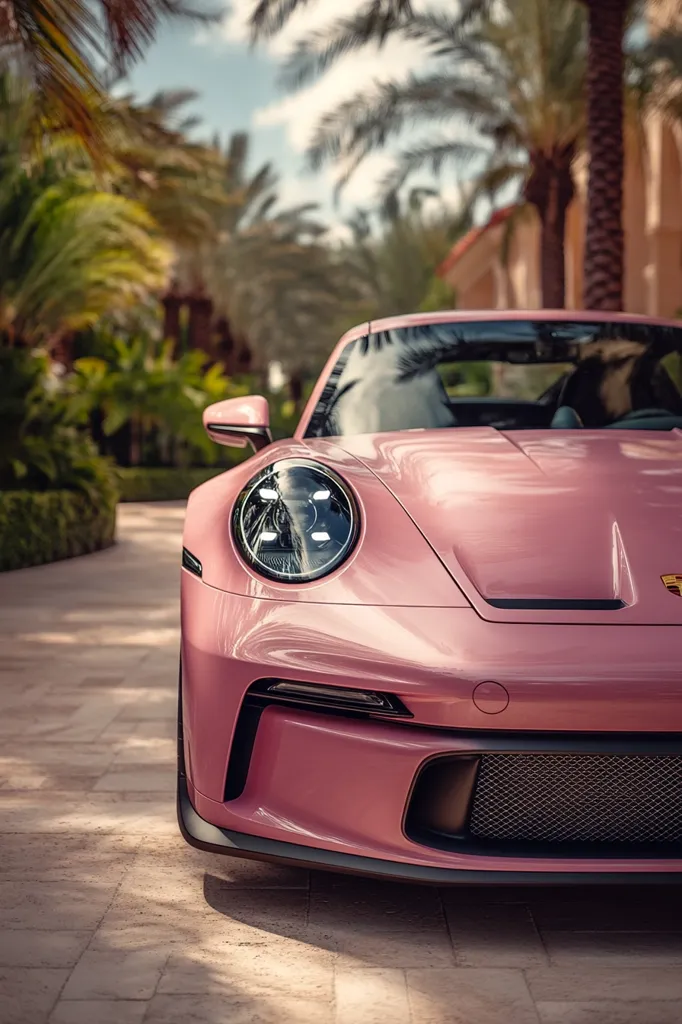 The front end of a pink Porsche 911 GT3 is in focus, parked on a paved driveway. The car's headlight, with its intricate design, reflects light, while the sleek curves of the body showcase a sporty, luxurious aesthetic. The background features out-of-focus palm trees and a building, creating a sense of luxury and exclusivity.