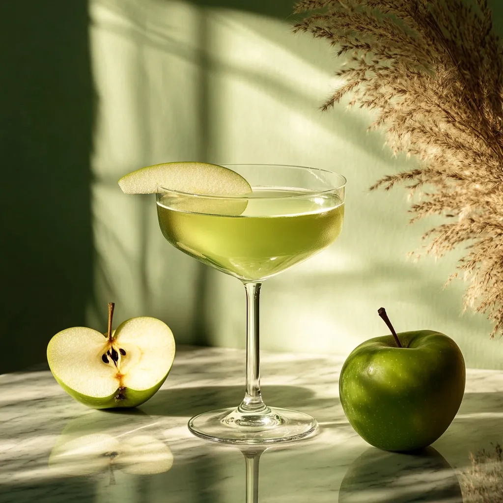 A green cocktail with an apple slice garnish sits on a white marble table. There are two whole apples nearby, one cut in half. The background is a pale green wall with a dried grass plant and sunbeams. The overall image is simple and elegant.