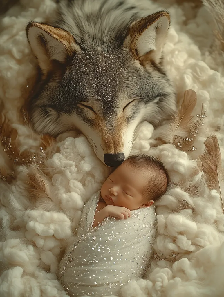 A wolf with its eyes closed gently rests its head on a sleeping newborn baby wrapped in a white sparkly blanket. They are surrounded by a soft, white fluffy background. The image creates a sense of warmth, gentleness, and innocence.