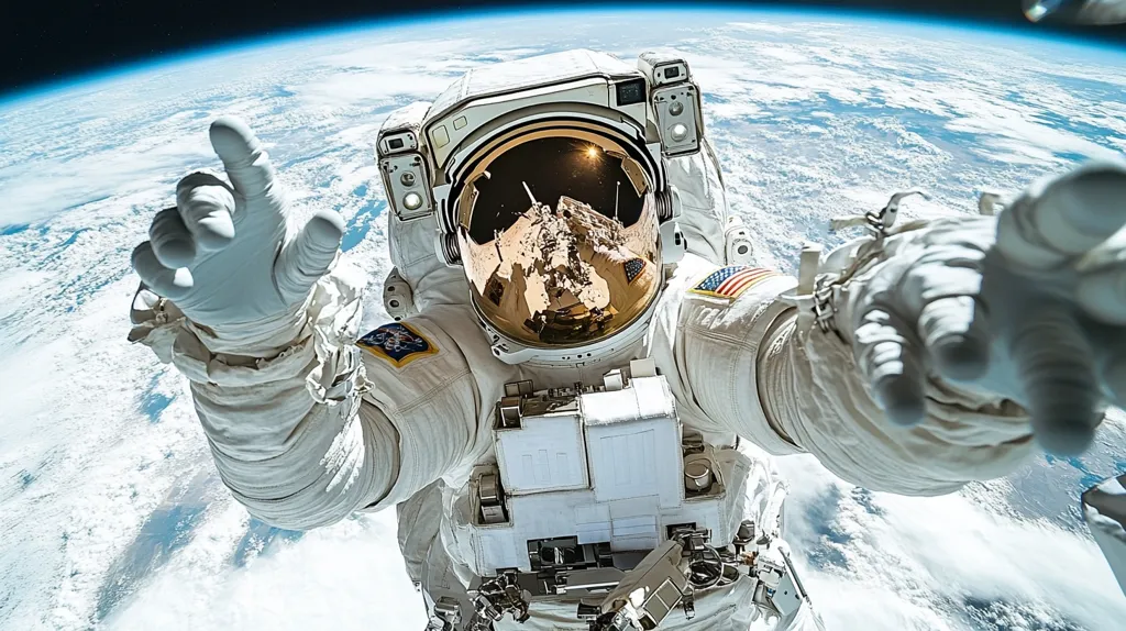 An astronaut floats in space, their white spacesuit reflecting the sunlight. The Earth, with its blue oceans and white clouds, is visible in the background. The astronaut's gloved hand is extended towards the camera, as if reaching out to the viewer. The image captures the awe-inspiring beauty of space exploration and the feeling of isolation and wonder that astronauts experience.