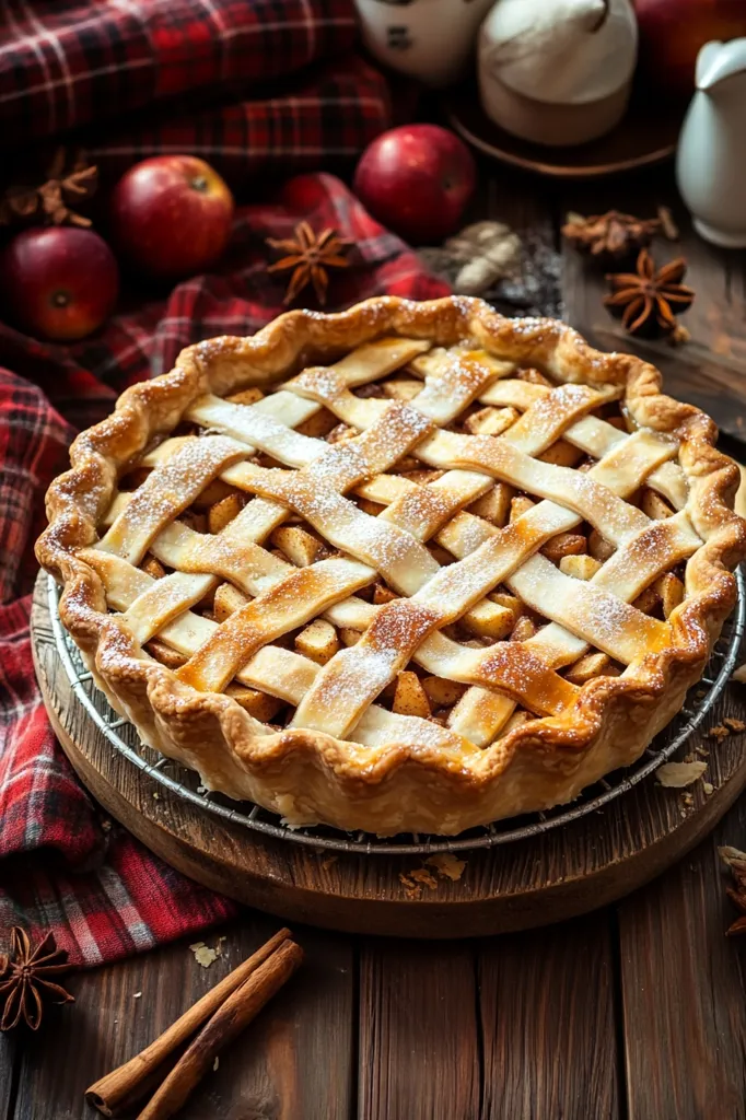 A freshly baked apple pie with a lattice crust sits on a wooden board. The pie is dusted with powdered sugar and has a golden brown crust. There are apples and cinnamon sticks nearby, along with a red and black plaid tablecloth. The pie is a classic autumn dessert.