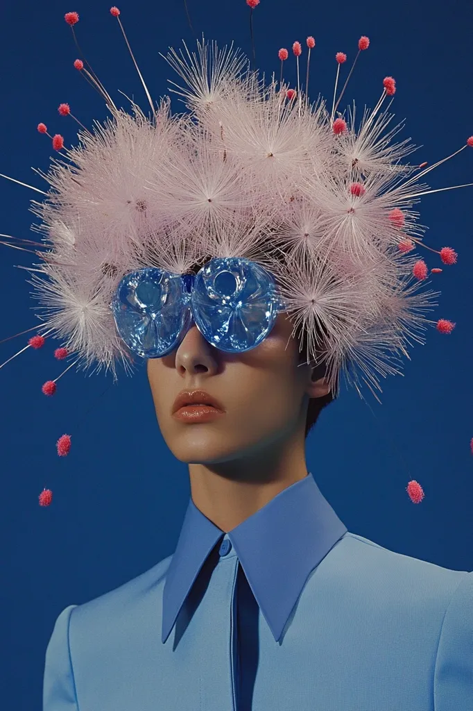 The image shows a person wearing a blue collared shirt and oversized blue glasses. Their head is covered in a crown made of fluffy white flowers with pink accents, adding a surreal and whimsical touch. The background is a solid blue, creating a stark contrast with the pink and white elements.  The overall image evokes a sense of fashion and fantasy.