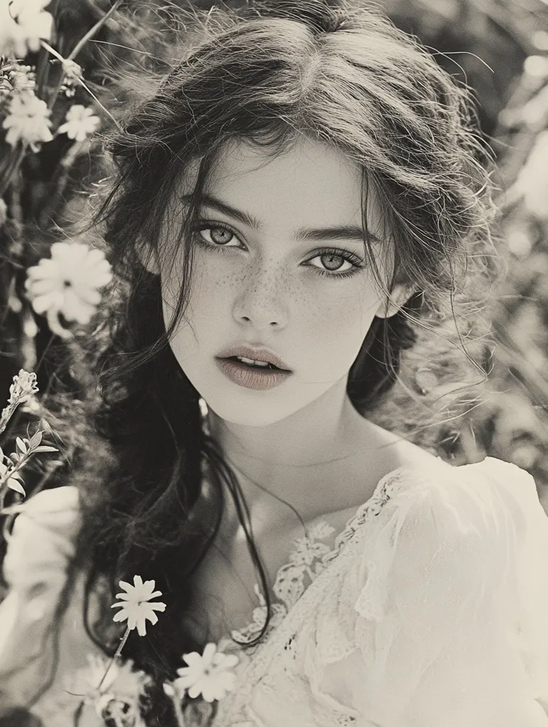 A young woman with long, dark hair and freckles gazes wistfully at the camera. She wears a delicate white lace dress and stands amidst a backdrop of blooming flowers. The image is in black and white, lending a timeless and ethereal quality. Her eyes hold a hint of sadness, suggesting a story of lost love or unfulfilled dreams. The overall mood is one of longing and reflection.