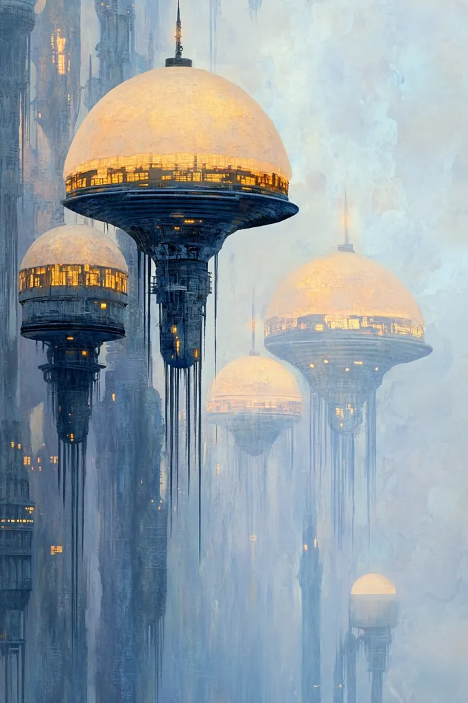 The image depicts a futuristic city with several large, dome-shaped buildings suspended in the air. The buildings are connected by long, thin beams, and the city is shrouded in a hazy, atmospheric fog. The buildings have a distinct, industrial look, with windows and lights visible in the domes. The overall effect is one of a city that is both technologically advanced and slightly unsettling, with its ethereal atmosphere and sense of isolation.
