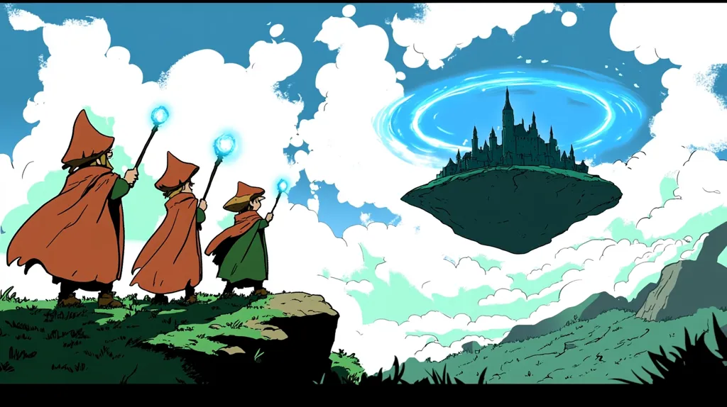 Three figures, dressed in cloaks and pointed hats, stand on a cliff, gazing at a floating castle in the distance. The castle is surrounded by a swirling blue portal, and the scene is set against a backdrop of fluffy white clouds and a bright blue sky. The image evokes a sense of wonder and adventure, suggesting a journey into a magical and unknown realm.