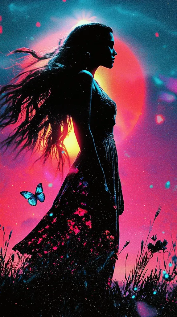 A woman with long, flowing hair stands in silhouette against a vibrant, pink and blue sky, a large orange sun setting behind her. She wears a flowing dress with a sparkling pattern and her head is slightly tilted, as if she's lost in thought. A blue butterfly flutters near her, adding to the ethereal atmosphere. The background is filled with sparkling stars and a sense of mystery.