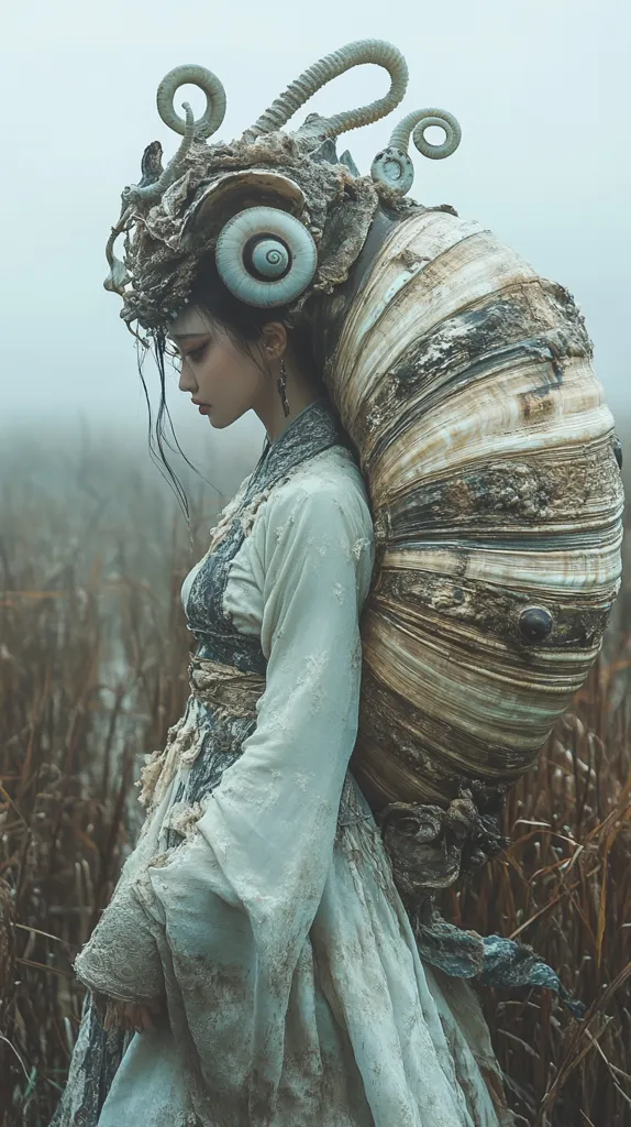 A woman with long dark hair is wearing a white, flowing dress and a large, elaborate headdress made of twisted shells and sea creatures.  The headdress resembles a large snail shell.  The woman is standing in a field of tall grass, with a misty background. The image has a mystical, ethereal quality.  She looks down at the ground, lost in thought.
