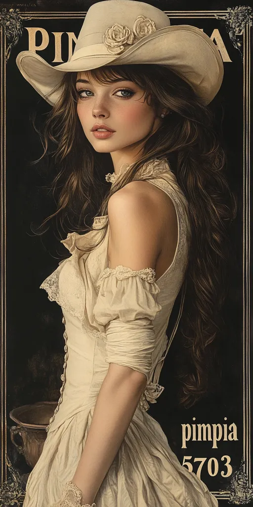 A woman with long dark hair and a white dress, is wearing a wide-brimmed white hat with flowers. She stands against a dark background, with the word "pimpia" and the number "5703" visible. The image suggests a vintage style and a hint of mystery.