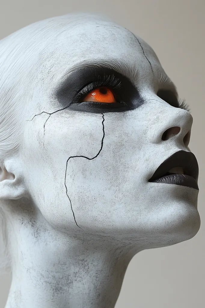 The image shows a close-up of a woman's face. Her skin is painted white and has a crack running down her cheek. Her eye is a striking orange, surrounded by dark black makeup. Her lips are also painted black, and she is looking up. The image is eerie and otherworldly.