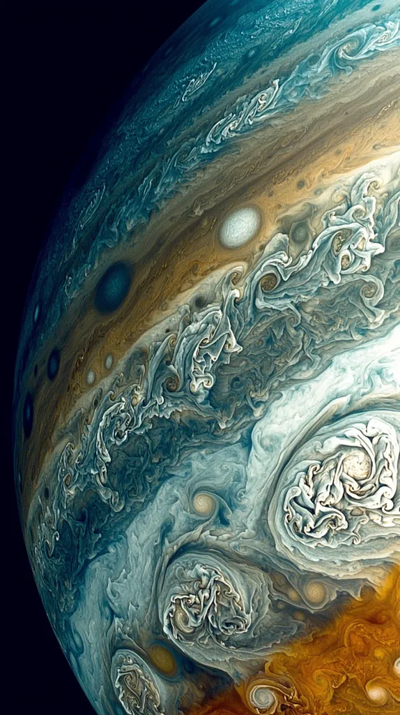 The image shows a close-up of Jupiter, showcasing its swirling, turbulent atmosphere. Bands of orange, brown, and white encircle the planet, punctuated by swirling storms and eddies. The Great Red Spot, a giant storm that has raged for centuries, is visible in the lower right of the image. The intricate details of Jupiter's atmosphere are captured in stunning clarity, revealing the beauty and power of this gas giant.